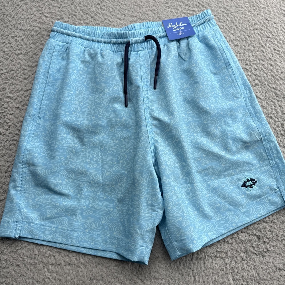 Harlestons Swim Trunks Youth Boys Large Storm Blue Geometric Preppy Bathing Suit